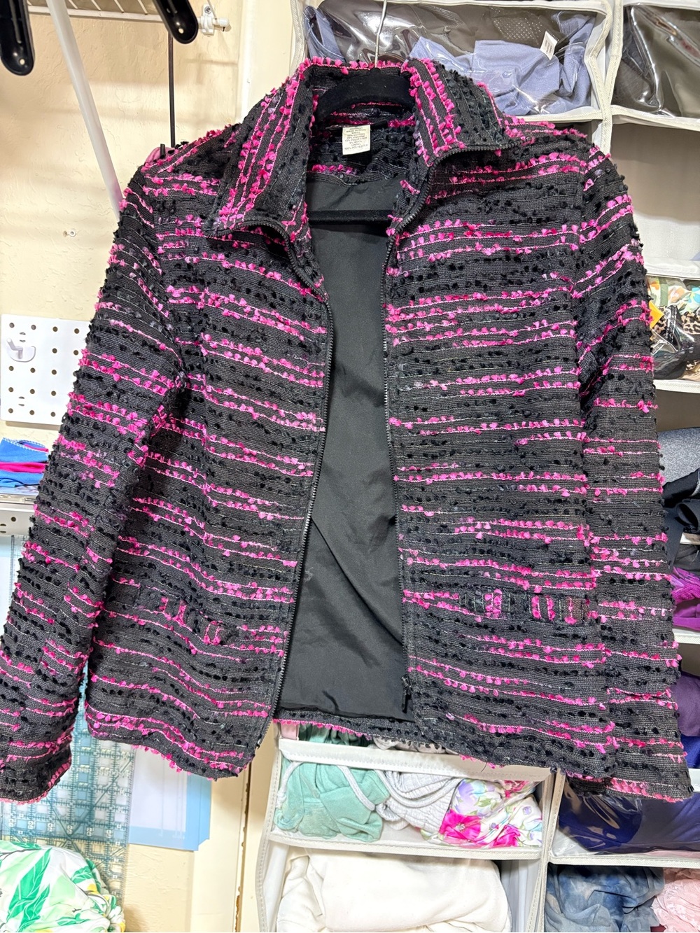 Textured Black & Pink Zip Front Jacket